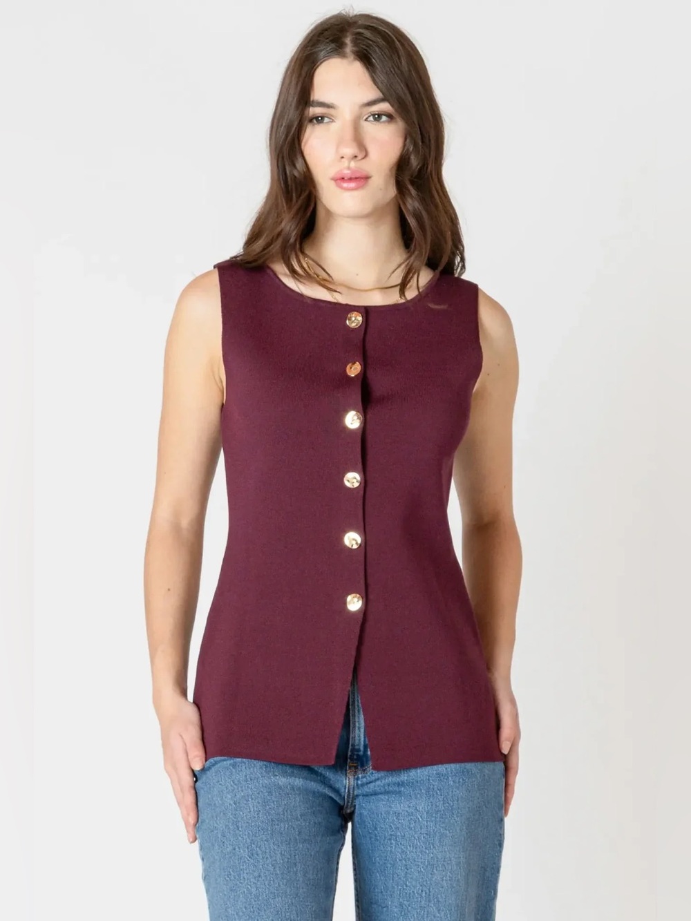 Dex Sleeveless Button-Front Tank in Burgundy with Gold Buttons